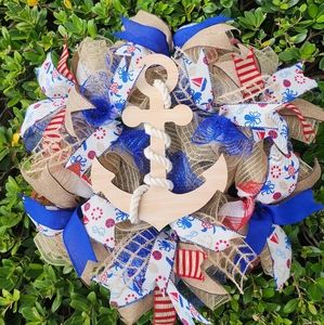 Beige Anchor Wreath, Nautical Wreath, Deco Mesh Wreath, Front Door Decor Wreath.